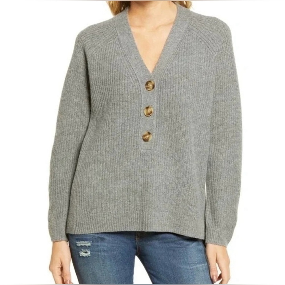 Madewell Women’s Lyle Rib Henley Sweater Wool Blend Buttons Gray - Size Small